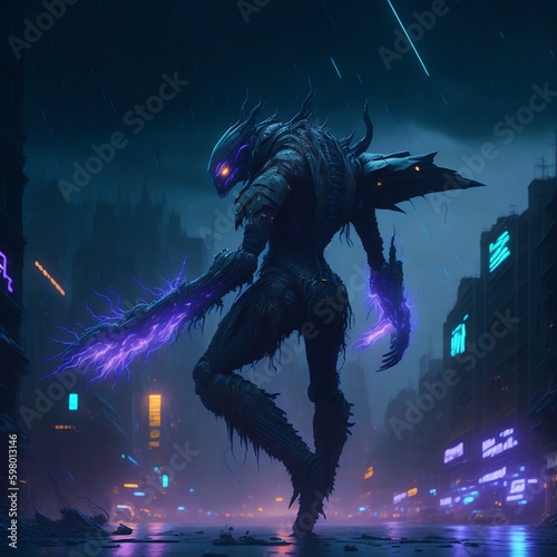 Alien in the city with strong body. Generative AI 