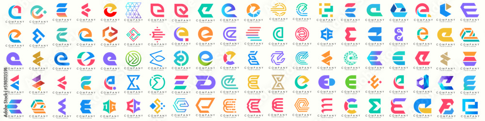 mega collection letters E logo design inspiration. minimalist abstract letter logos with colorful
