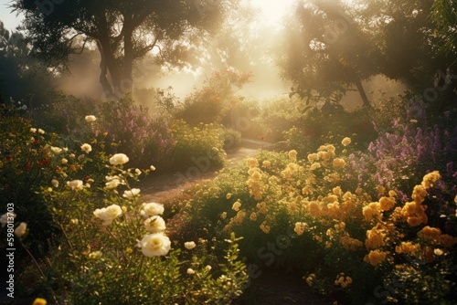 Garden filled with green plants and flowers, sunset light with fog, AI Image