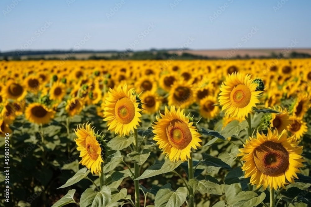 Fototapeta premium A breathtaking image of a sunflower field with tall stalks and bright yellow blooms against a clear blue sky, representing the beauty and power of nature. Ai generated.