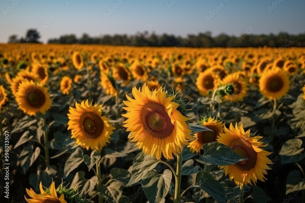 Obraz premium A breathtaking image of a sunflower field with tall stalks and bright yellow blooms against a clear blue sky, representing the beauty and power of nature. Ai generated.