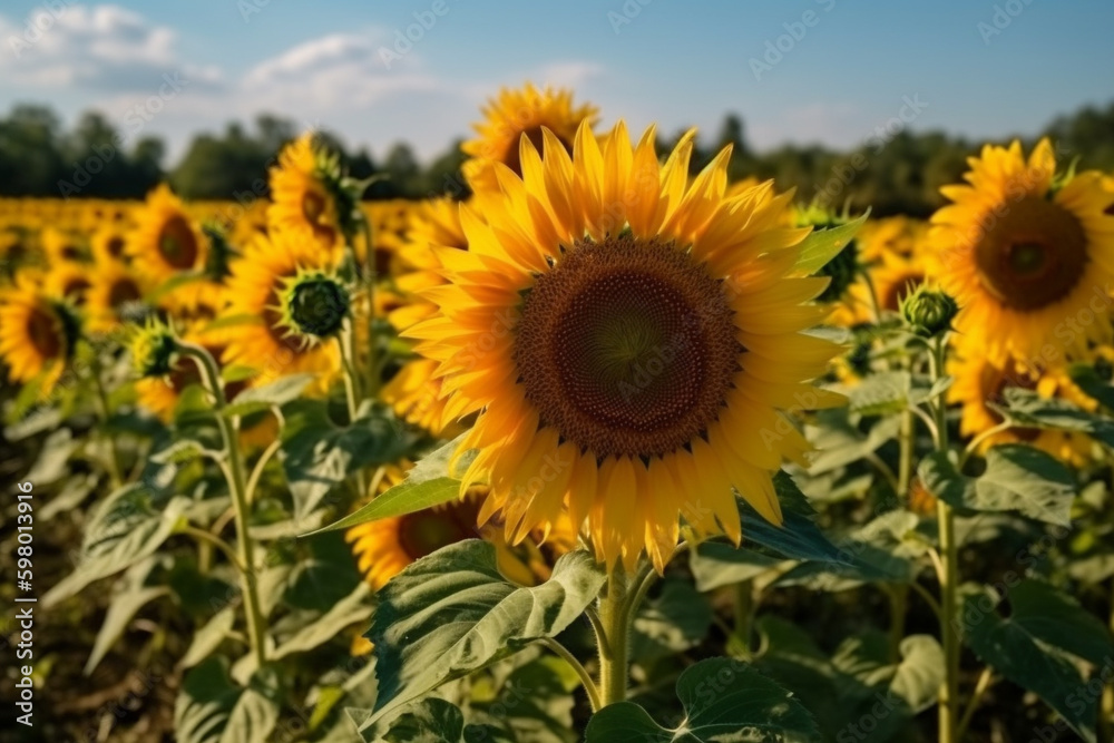 A breathtaking image of a sunflower field with tall stalks and bright yellow blooms against a clear blue sky, representing the beauty and power of nature. Ai generated. A breathtaking image of a sunflower field with tall stalks and bright yellow blooms against a clear blue sky, representing the beauty and power of nature. Ai generated.