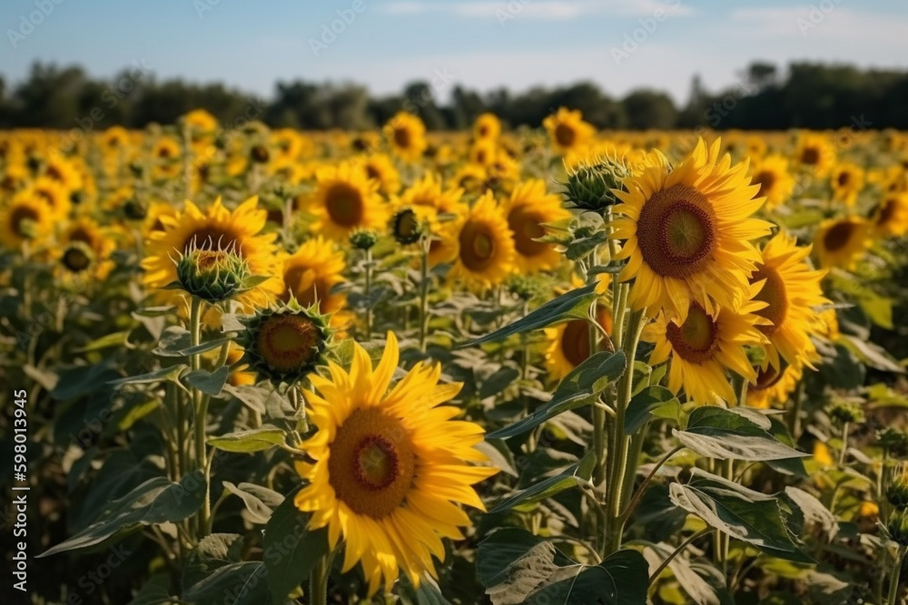 Fototapeta premium A breathtaking image of a sunflower field with tall stalks and bright yellow blooms against a clear blue sky, representing the beauty and power of nature. Ai generated.