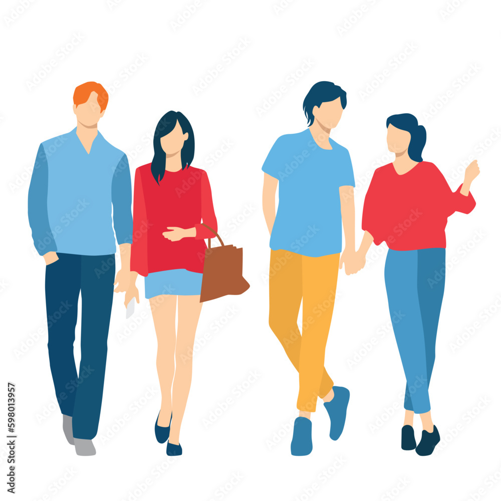 Obraz premium Set of young men and women, different colors, cartoon character, group of silhouettes of standing business people, students, design concept of flat icon, isolated on white background