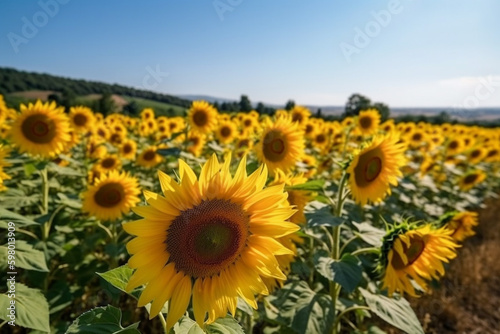 A breathtaking image of a sunflower field with tall stalks and bright yellow blooms against a clear blue sky  representing the beauty and power of nature. Ai generated.