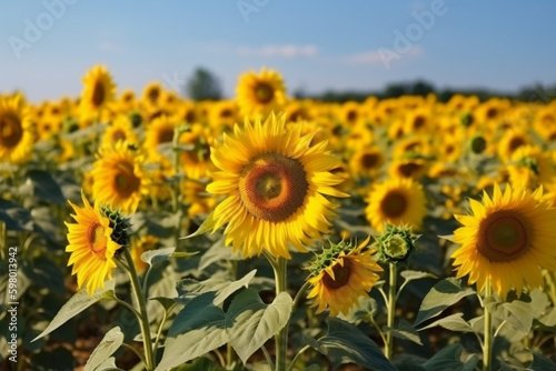 A breathtaking image of a sunflower field with tall stalks and bright yellow blooms against a clear blue sky  representing the beauty and power of nature. Ai generated.