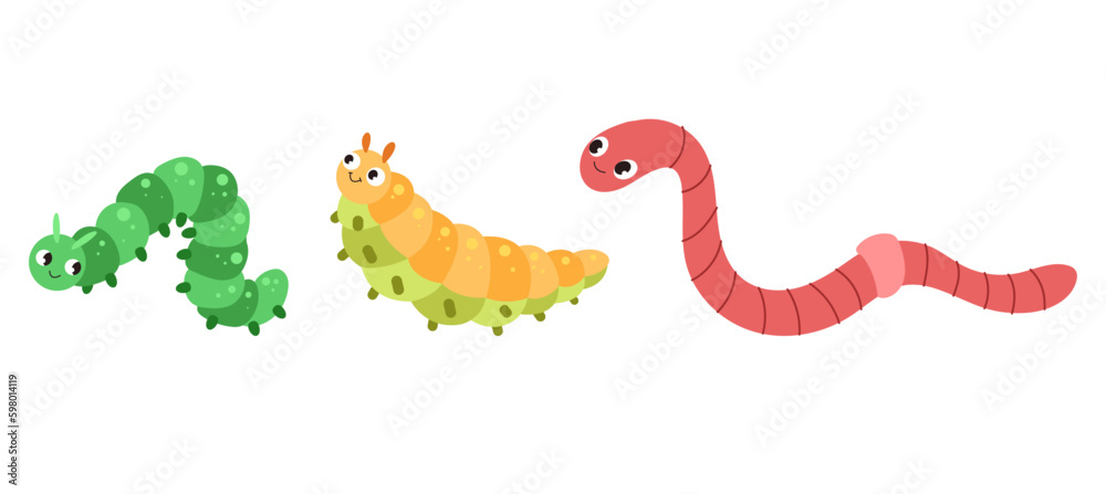 Naklejka premium Worm larva insects butterfly cute caterpillar isolated set. Vector graphic design element illustration
