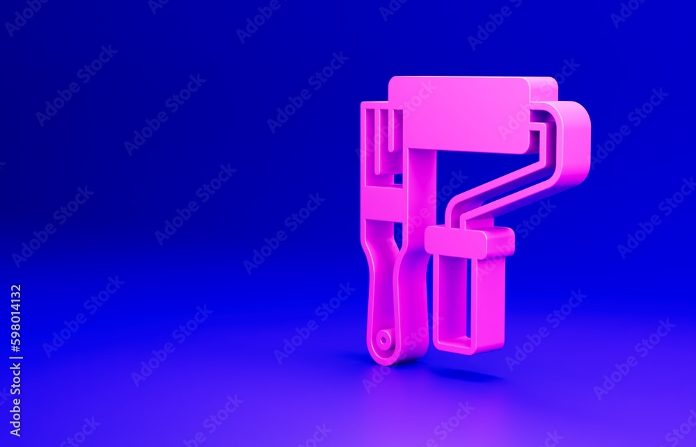 Pink Paint roller brush icon isolated on blue background. Minimalism concept. 3D render illustration