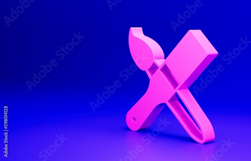Pink Paint brush icon isolated on blue background. Minimalism concept. 3D render illustration
