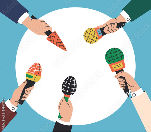 Journalist hand holding mic and taking interview concept. Vector graphic design illustration element
