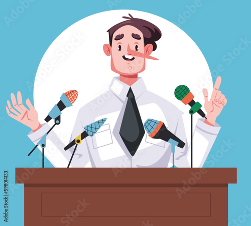Business man politician liar tell lie corruption metaphor concept. Vector graphic design illustration