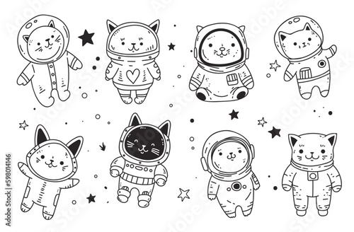 Space astronaut space cute cat pet line art isolated concept set. Vector graphic design element illustration