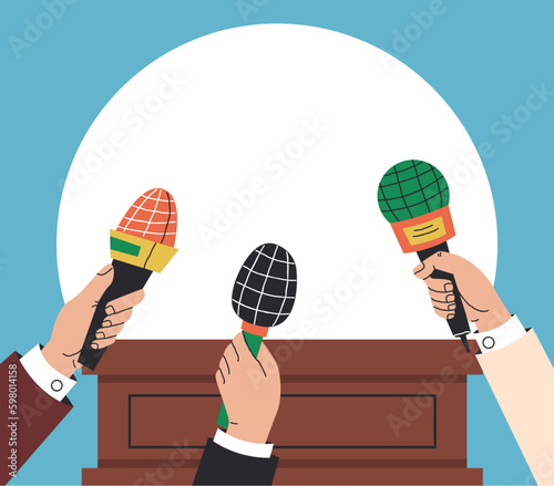 Journalist hand holding mic and taking interview concept. Vector graphic design illustration element
