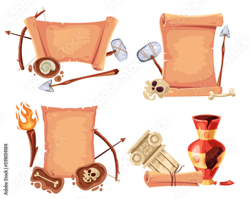 Old papyrus ancient archeology museum concept. Vector graphic design illustration