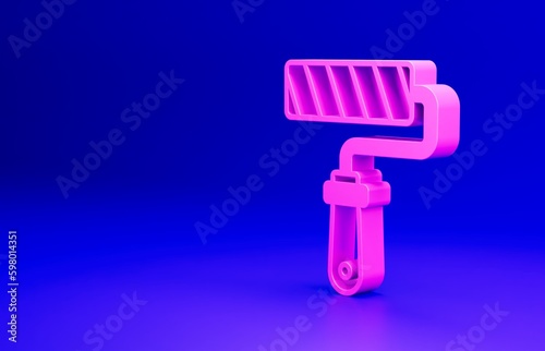 Pink Paint roller brush icon isolated on blue background. Minimalism concept. 3D render illustration