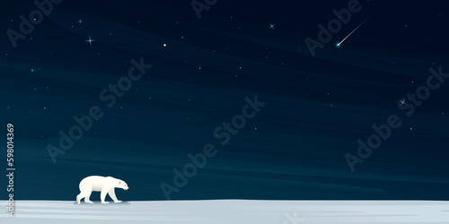 Night at North Pole have polar bear walking alone on ice with a lot of stars on the sky background. Snow landscape concept vector illustration with blank space.