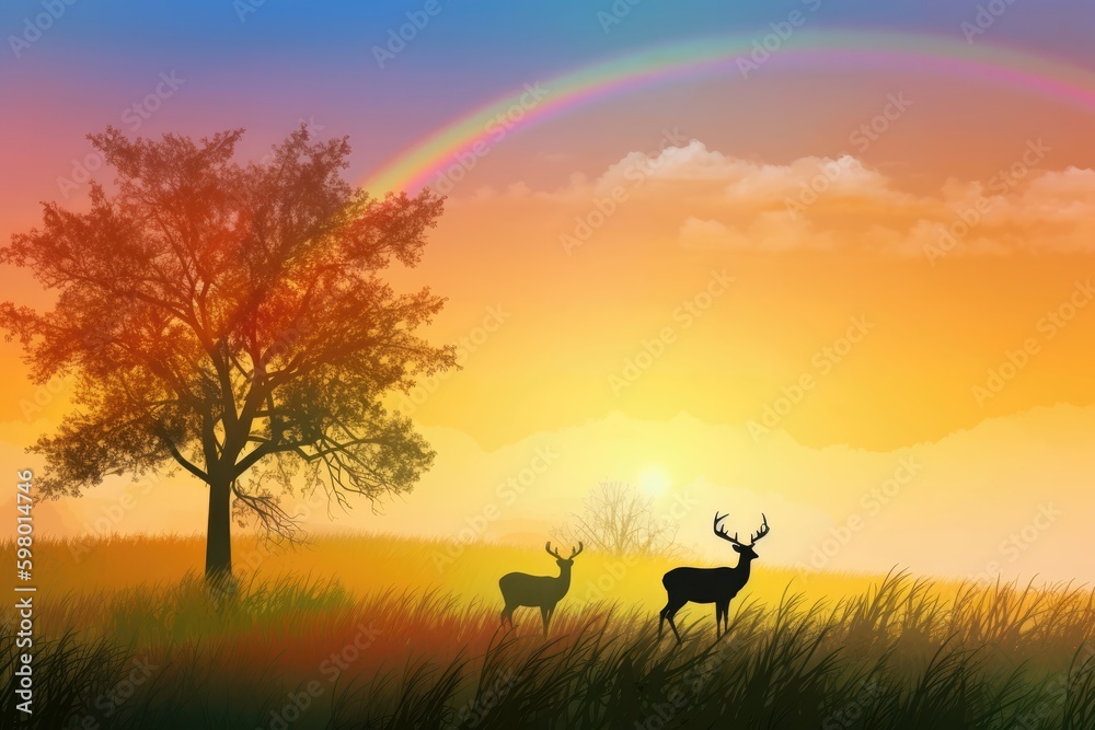 Peaceful meadow at midday, featuring a deer grazing in the tall grass and a vibrant rainbow arching across the sky. Generative AI