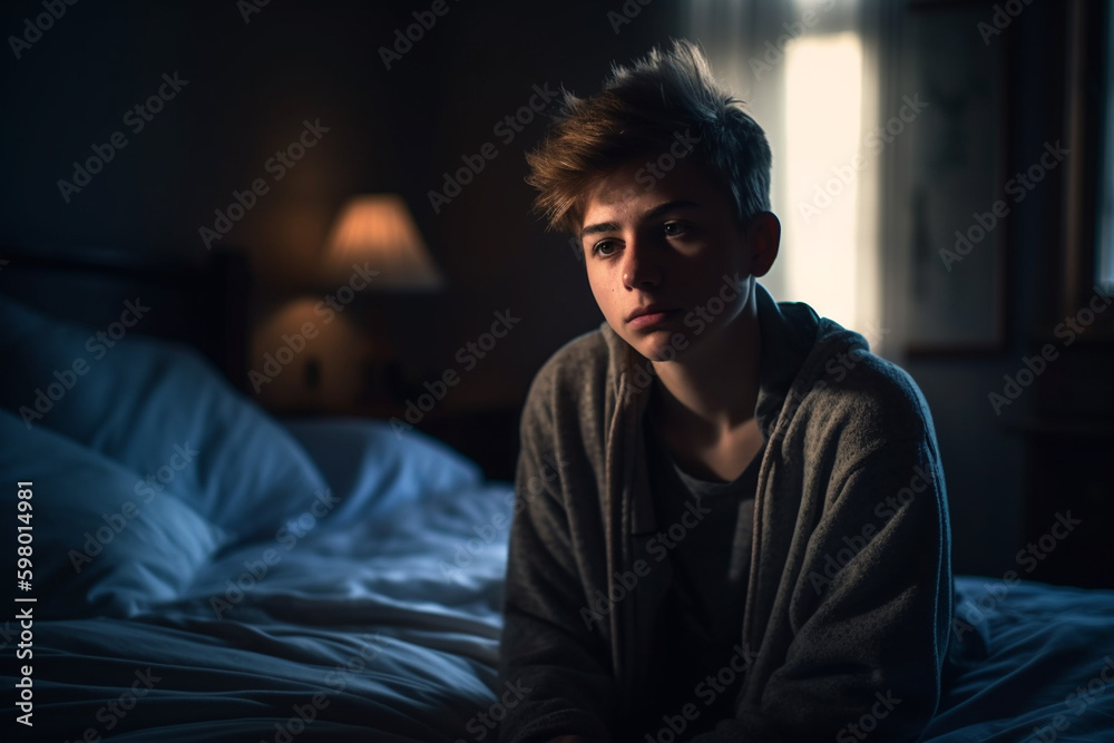 Obraz premium young adult man at home on his bed. Generative AI