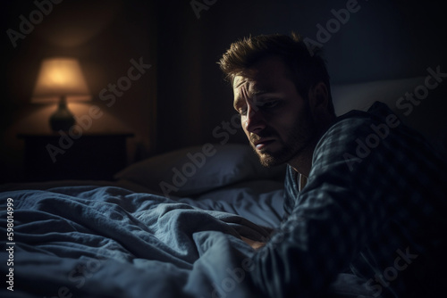 young adult man at home on his bed. Generative AI © wetzkaz