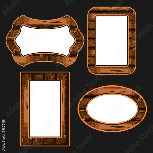 Four wooden frames of different shapes - rectangular, oval and other. Set of vector images