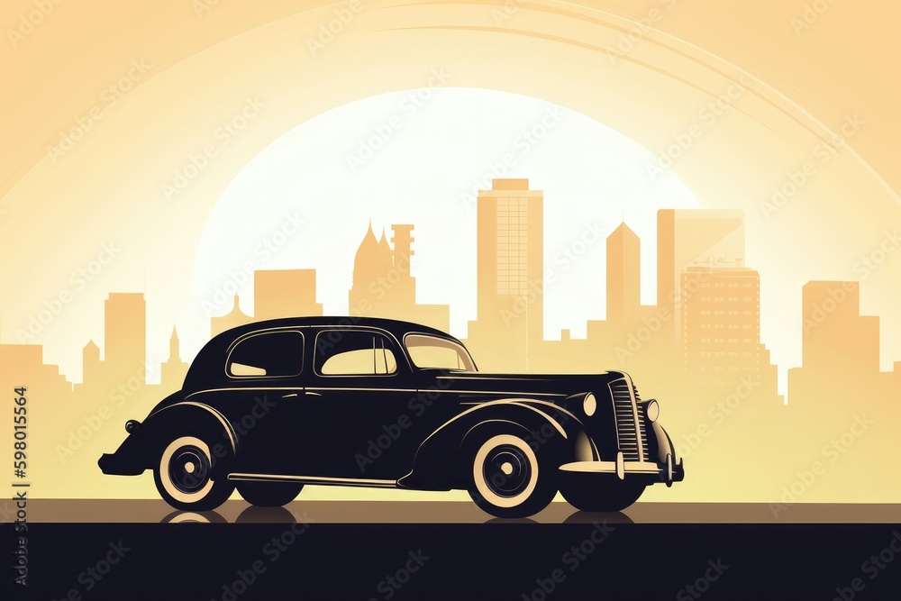 Retro car clipart with city background. illustration cartoon. Generative AI
