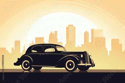 Retro car clipart with city background. illustration cartoon. Generative AI © Kanisorn