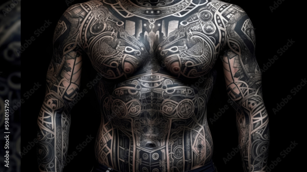 Full body tattoo, man with full body tattoo, generative ai Stock