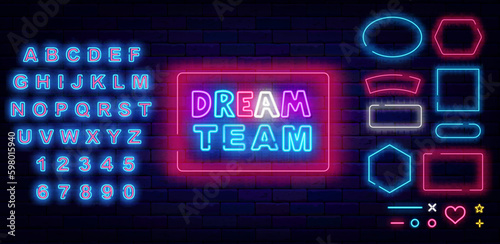 Dream team neon logotype. Frames set on brick wall. Shiny typography. Shiny blue alphabet. Vector stock illustration