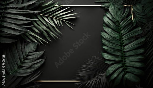 Black palm tropical leaves on black background, generated AI