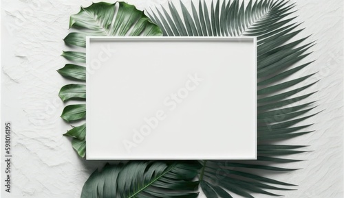 white frame background palm leaves on white background, generated AI