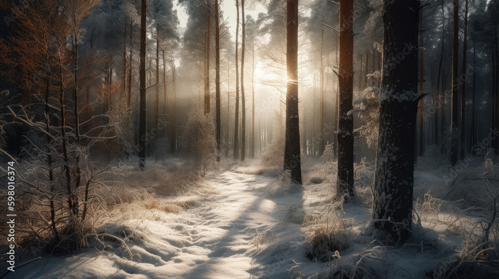 Winter forest covered with snow at sunrise, generative ai Winter forest covered with snow at sunrise, generative ai