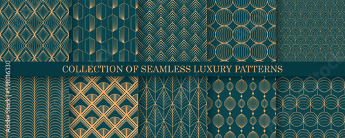 Collection of art deco seamless geometric ornamental patterns - elegant color design. Repeatable oriental luxury backgrounds. Decorative royal prints