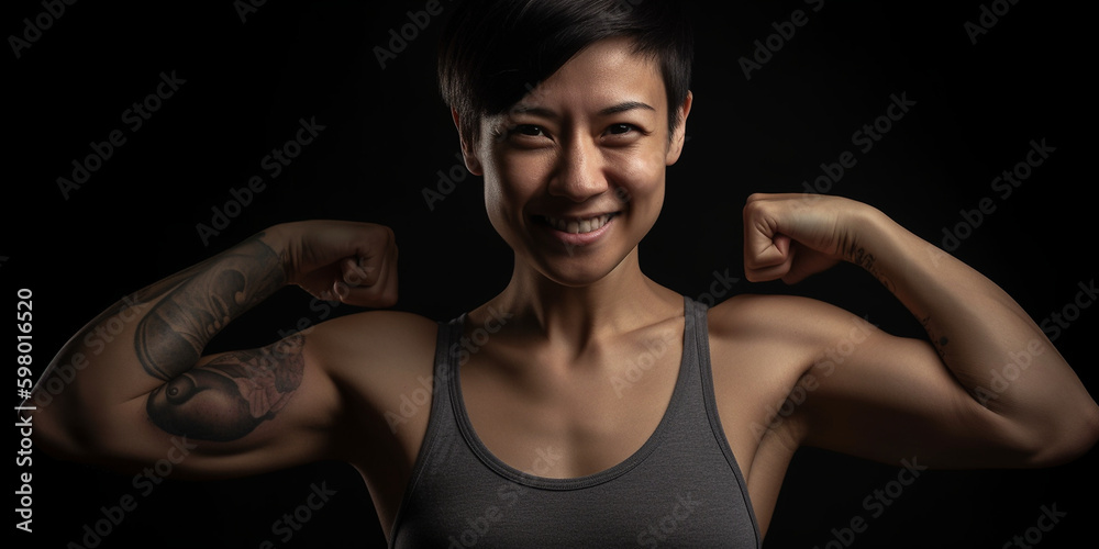 Junge Fitness Frau mit hübschem Gesicht in Sportbekleidung zeigt lächelnd kraftvollen Bizeps in Nahaufnahme, ai generativ Junge Fitness Frau mit hübschem Gesicht in Sportbekleidung zeigt lächelnd kraftvollen Bizeps in Nahaufnahme, ai generativ