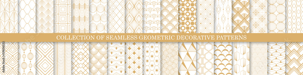 Collection of seamless decorative luxury geometric patterns - gold design. Repeatable ornamental elegant backgrounds. Symmetry endless fabric prints
