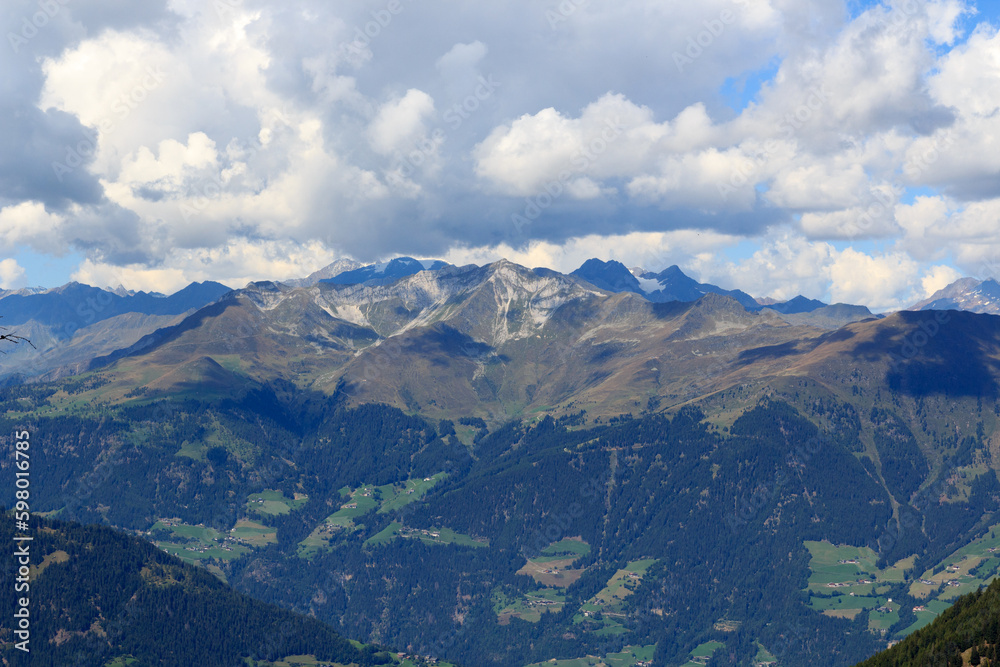 Mountain panorama view seen from mountain Hirzer in Saltaus, South Tyrol, Italy