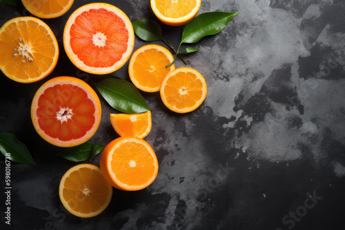 Juicy orange slices on dark background, top view, flat lay. Generative AI © Golden_hind