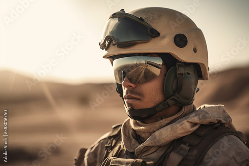 soldier in uniform with helmet and goggles, fictional location. Generative AI