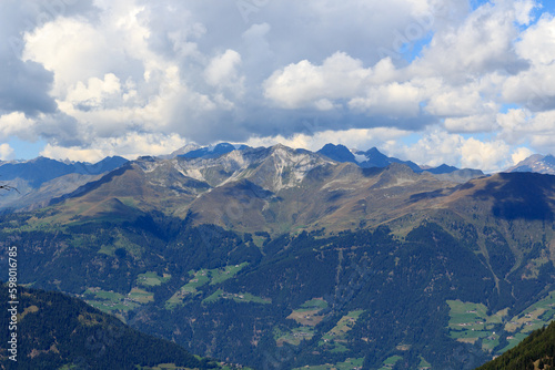 Mountain panorama view seen from mountain Hirzer in Saltaus  South Tyrol  Italy