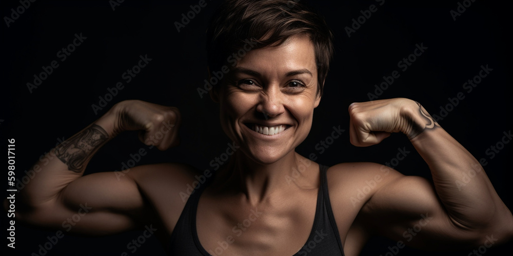 Junge Fitness Frau mit hübschem Gesicht in Sportbekleidung zeigt lächelnd kraftvollen Bizeps in Nahaufnahme, ai generativ