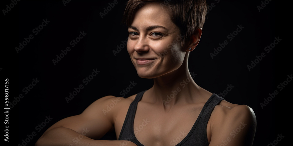 Junge Fitness Frau mit hübschem Gesicht in Sportbekleidung zeigt lächelnd kraftvollen Bizeps in Nahaufnahme, ai generativ Junge Fitness Frau mit hübschem Gesicht in Sportbekleidung zeigt lächelnd kraftvollen Bizeps in Nahaufnahme, ai generativ