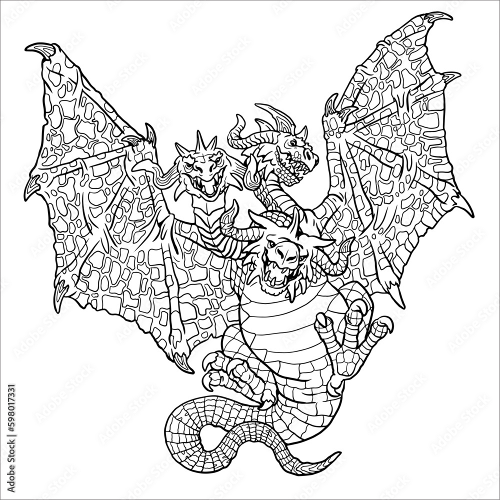 Three-headed dragon coloring page. Vector fantasy illustration with