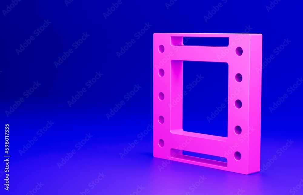 Pink Play video icon isolated on blue background. Film strip sign. Minimalism concept. 3D render illustration Pink Play video icon isolated on blue background. Film strip sign. Minimalism concept. 3D render illustration
