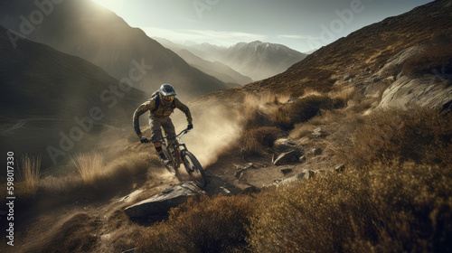 mountain bike in the mountains  capturing a cyclist speeding on edge of mountain with dust around  generative ai