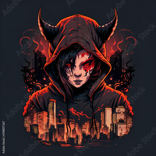 Incredible Illustration Of Horned Devil Girl In Hoodie Above Burning City Logo Style - Generative A.I. Art