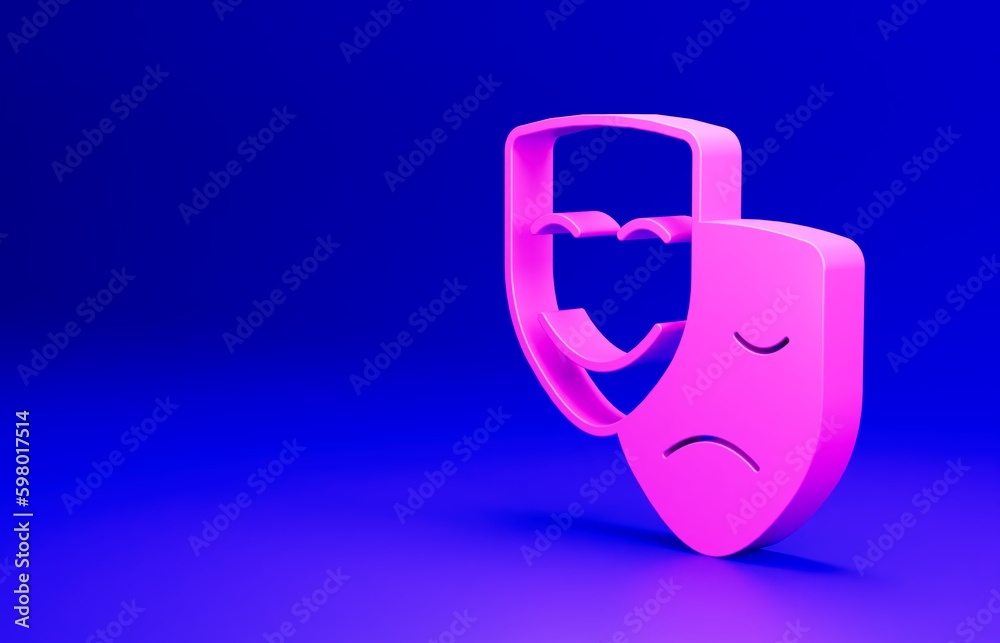 Pink Comedy and tragedy theatrical masks icon isolated on blue background. Minimalism concept. 3D render illustration Pink Comedy and tragedy theatrical masks icon isolated on blue background. Minimalism concept. 3D render illustration