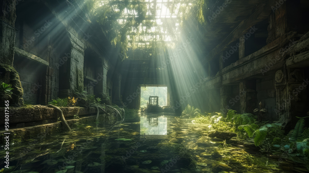 old abandoned factory, lost place under water, generative ai