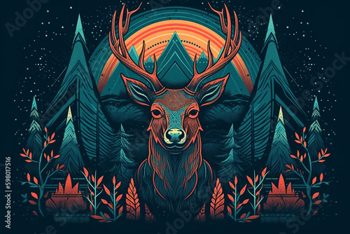 buck deer with pine trees, mountains as native american style art . Generative AI photo