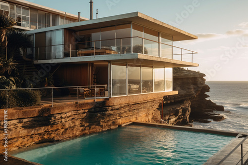 right mid-century style house with large windows opening onto a swimming pool. The house is situated on a cliff side with the ocean in front of it, fictional location. Generative AI © wetzkaz