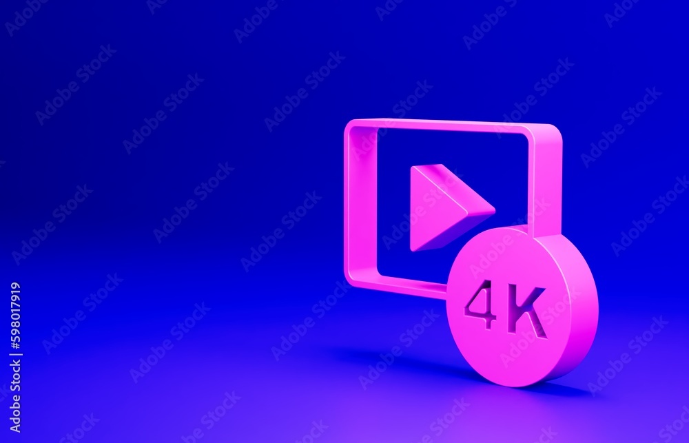 Pink Screen tv with 4k Ultra HD video technology icon isolated on blue background. Minimalism concept. 3D render illustration Pink Screen tv with 4k Ultra HD video technology icon isolated on blue background. Minimalism concept. 3D render illustration