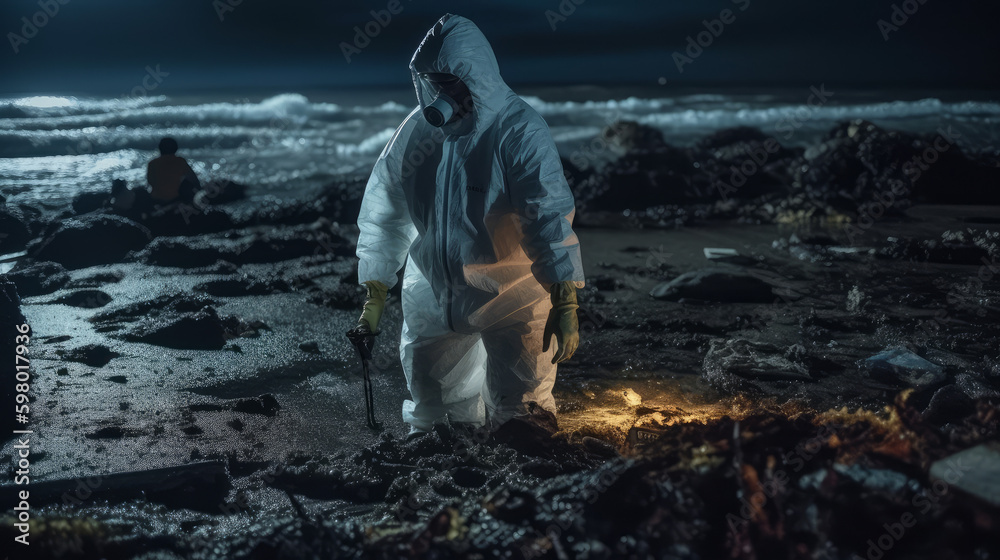 Man in hazmat suit in ruined seashore at night, generative ai Man in hazmat suit in ruined seashore at night, generative ai